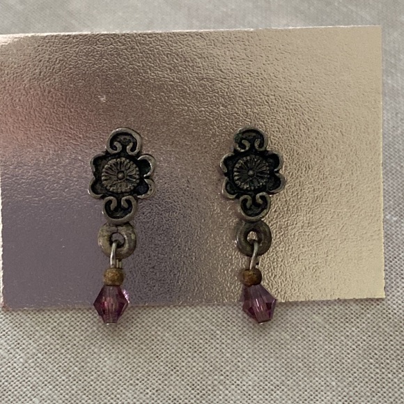 Vintage 90s pewter style jewel tone purple crystal dangle drop earrings - Picture 2 of 4